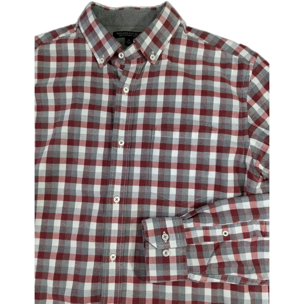 Banana Republic Luxe Flannel Shirt Mens M Red Gray Plaid Slim Fit Casual Outdoor